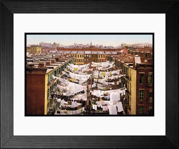 Framed Print : San Francisco street scene showing washing drying between tenement buildings 1900. Vintage early colourized photograph