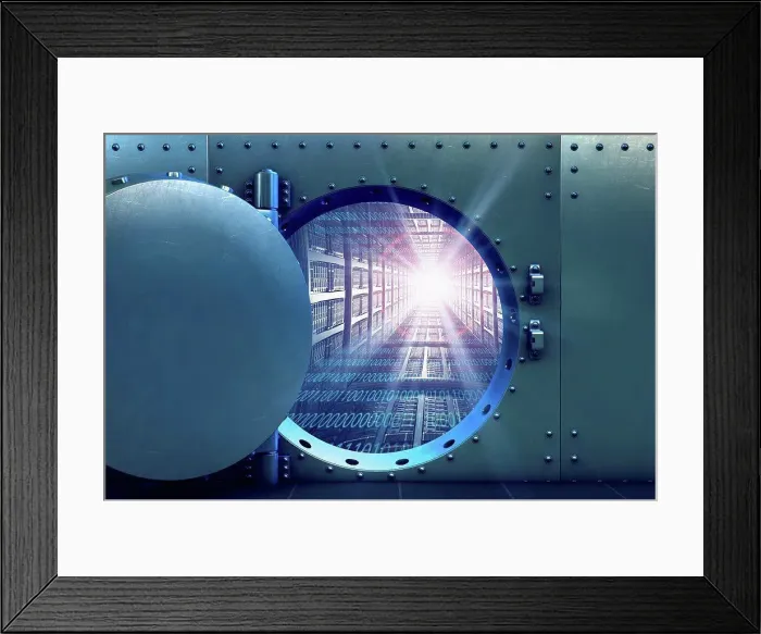 Framed Print : Open vault door revealing computer servers and binary code
