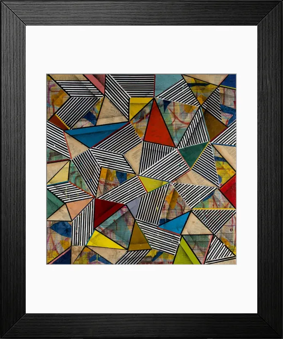 Framed Print : A hard-edge abstract composition featuring sharp lines in bold colors forming triangles that compete with black Framed Print : A hard-edge abstract composition featuring sharp lines in bold colors forming triangles that compete with black