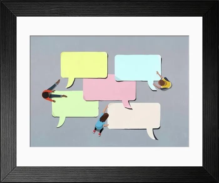 Framed Print : Kids arranging blank multicolor speech bubbles