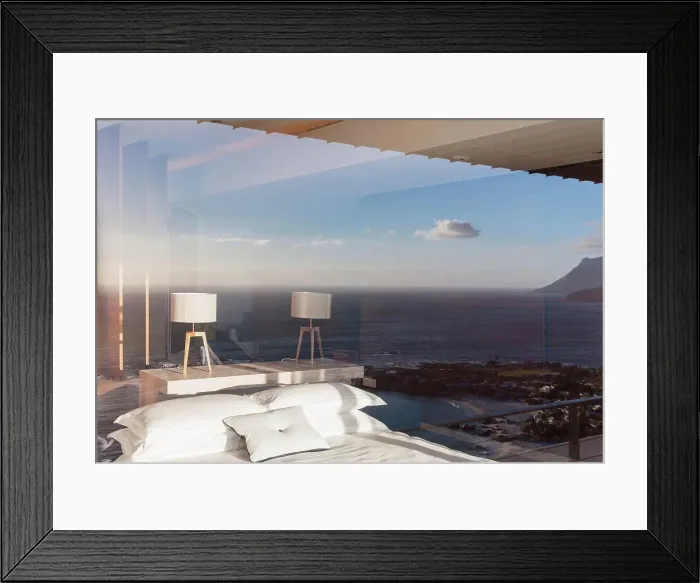 Framed Print : Modern bedroom overlooking ocean, Cape Town, South Africa Framed Print : Modern bedroom overlooking ocean, Cape Town, South Africa