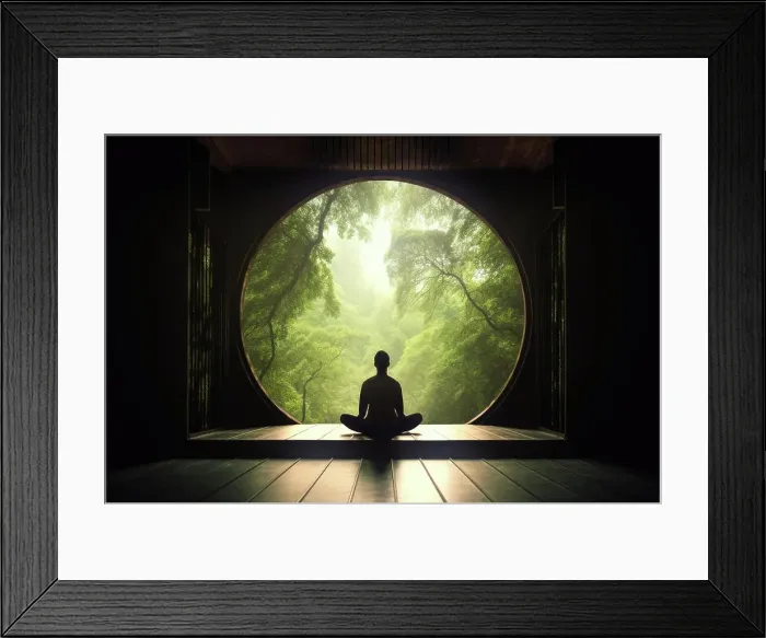 Framed Print : Person meditating looking out circular window. Generative AI Framed Print : Person meditating looking out circular window. Generative AI