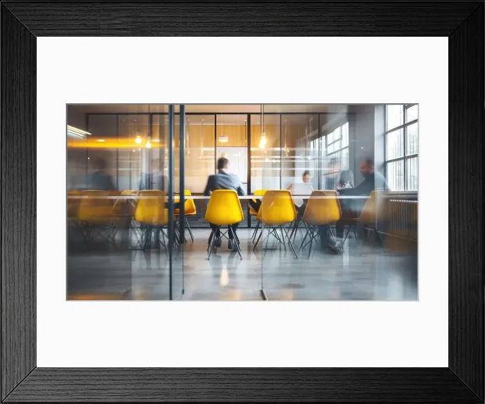 Framed Print : Dynamic Office Meeting in Modern Workspace with Vibrant Motion against Minimalist Background Framed Print : Dynamic Office Meeting in Modern Workspace with Vibrant Motion against Minimalist Background