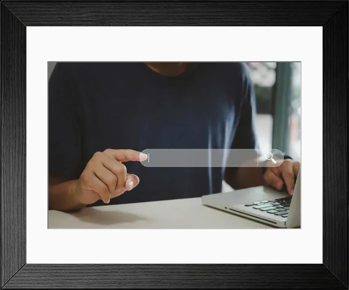Framed Print : Man hand using computer touch virtual search icon Framed Print : Man hand using computer touch virtual search icon