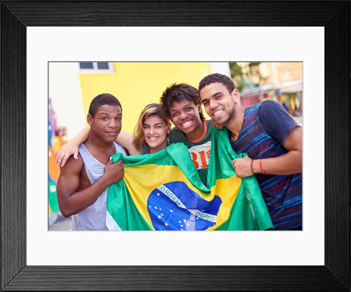 Framed Print : Proud of their nation. Portrait of a group of teenagers holding up the Brazilian flag Framed Print : Proud of their nation. Portrait of a group of teenagers holding up the Brazilian flag
