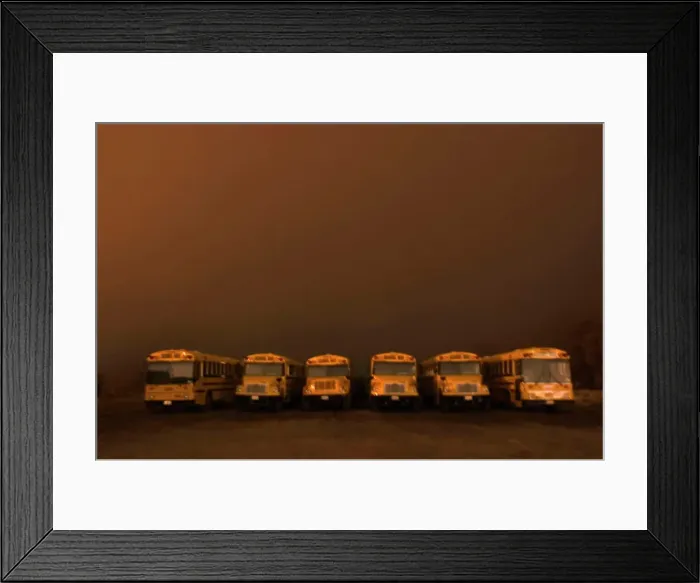 Framed Print : Buses sit in line beneath a brown colored, foggy sky. Auburn California Framed Print : Buses sit in line beneath a brown colored, foggy sky. Auburn California