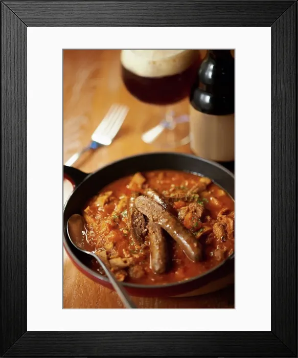 Framed Print : Still life with sausage stew and beer Framed Print : Still life with sausage stew and beer