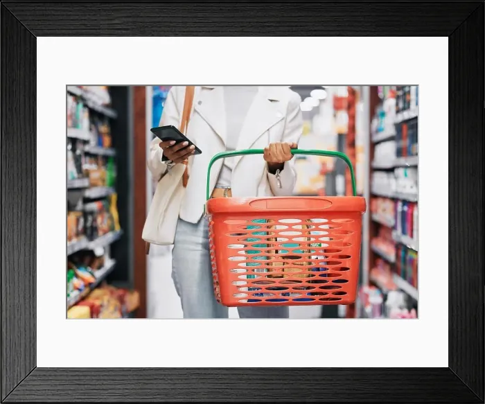 Framed Print : Grocery shopping, retail and black woman with phone in store