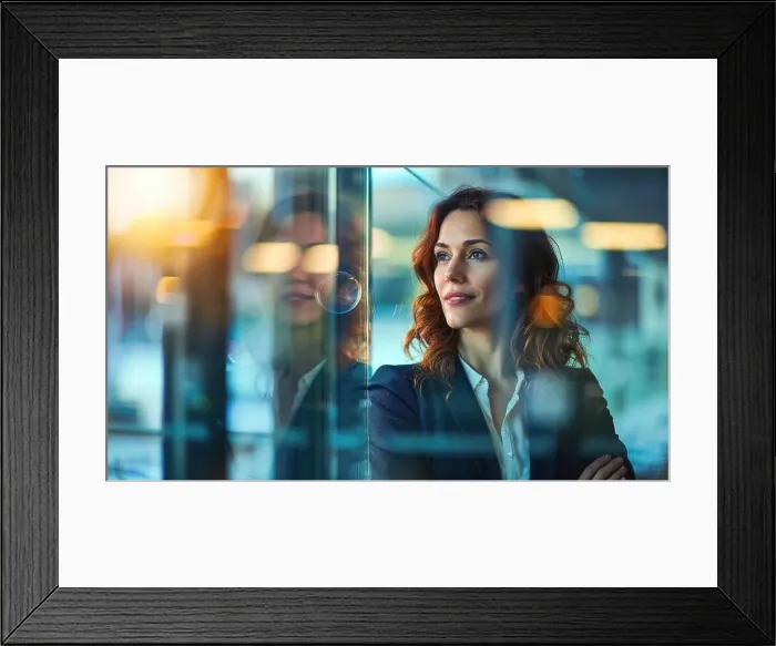 Framed Print : Confident businesswoman standing in front of a window in a high rise building Framed Print : Confident businesswoman standing in front of a window in a high rise building