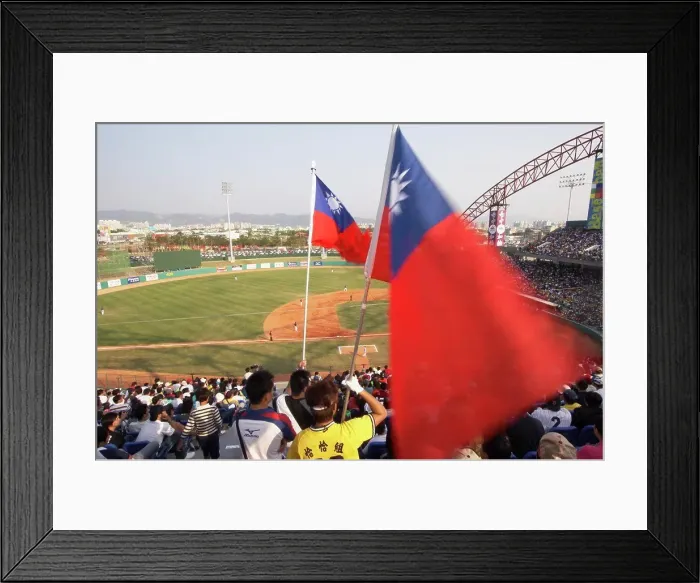 Framed Print : Man holding Taiwanese flag at baseball game, Taichung, Taiwan Framed Print : Man holding Taiwanese flag at baseball game, Taichung, Taiwan