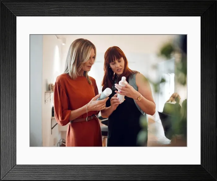 Framed Print : Shampoo check, women shopping and hair product ingredient checking of girl friends Framed Print : Shampoo check, women shopping and hair product ingredient checking of girl friends
