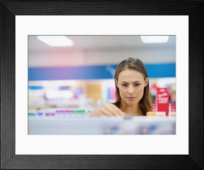 Framed Print : A young woman buying medicine in a pharmacy -The commercial designs displayed in this image represent a simulation of a Framed Print : A young woman buying medicine in a pharmacy -The commercial designs displayed in this image represent a simulation of a