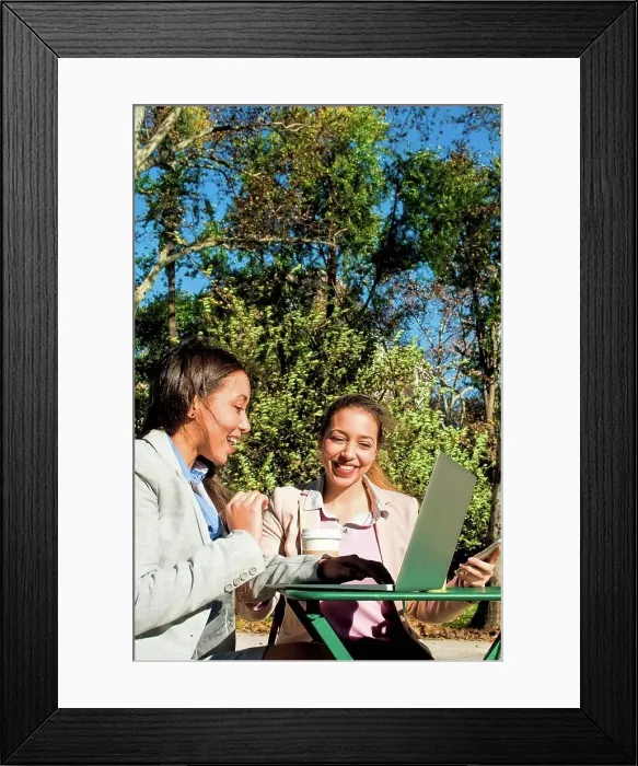 Framed Print : Young adult female twins typing on laptop in city park Framed Print : Young adult female twins typing on laptop in city park