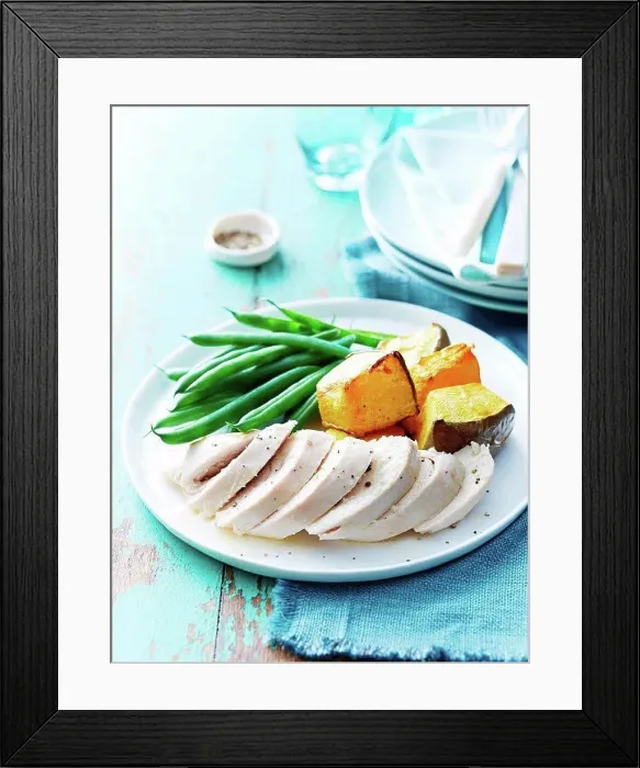Framed Print : Roast chicken, baked pumpkin, green beans Framed Print : Roast chicken, baked pumpkin, green beans