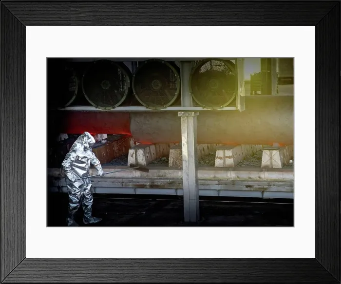 Framed Print : Man wearing silver heat-protective suit working in a steel factory