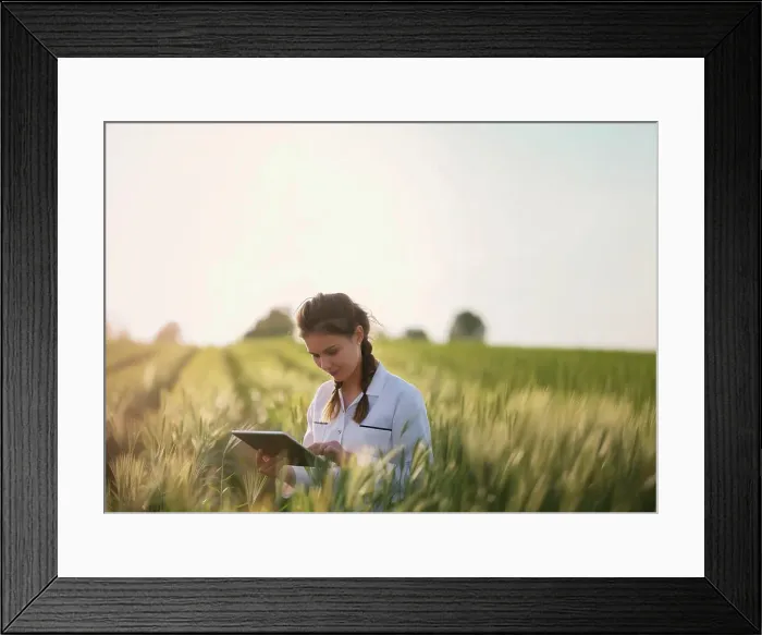 Framed Print : Agronomist with digital tablet examining wheat field Framed Print : Agronomist with digital tablet examining wheat field