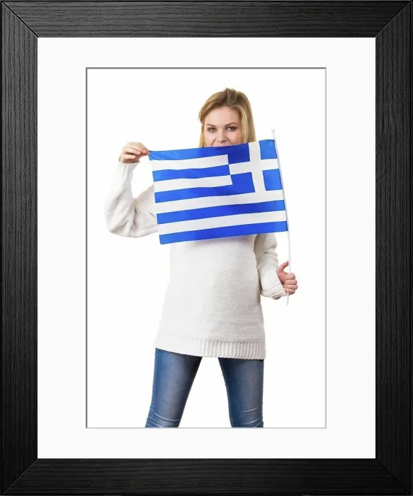 Framed Print : Happy funny woman holding Greece greek national flag being patriotic loving her country Framed Print : Happy funny woman holding Greece greek national flag being patriotic loving her country
