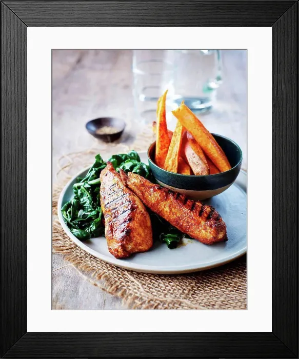 Framed Print : Cajun chicken with chard and sweet potato chips Framed Print : Cajun chicken with chard and sweet potato chips