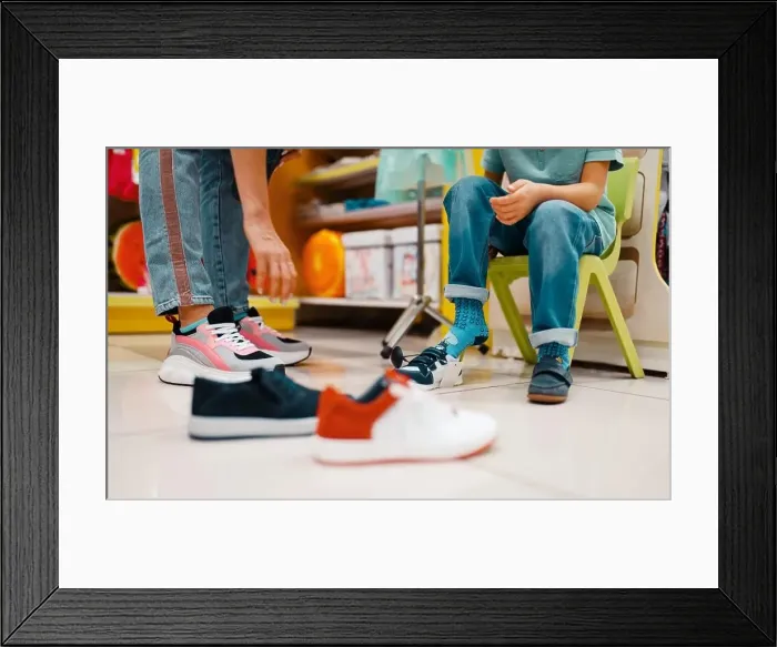 Framed Print : Mother with her little children choosing shoes in kids store