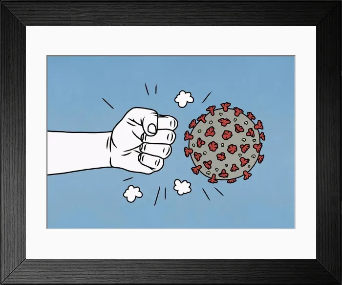 Framed Print : Angry fist next to COVID-19 coronavirus Framed Print : Angry fist next to COVID-19 coronavirus