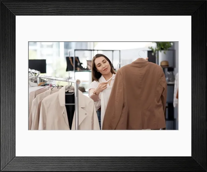Framed Print : Shopping, retail and a woman customer in a mall boutique to buy trendy clothes for seasonal fashion Framed Print : Shopping, retail and a woman customer in a mall boutique to buy trendy clothes for seasonal fashion
