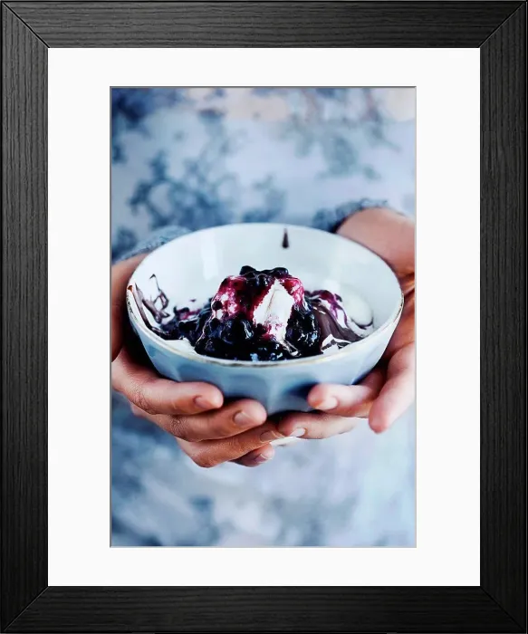 Framed Print : Ice cream with fruit syrup