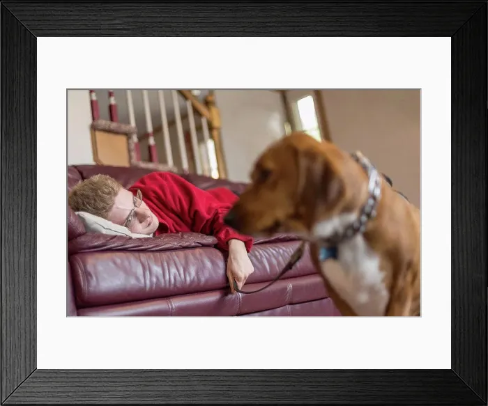 Framed Print : Boy with Anxiety Disorder and his therapy dog Framed Print : Boy with Anxiety Disorder and his therapy dog