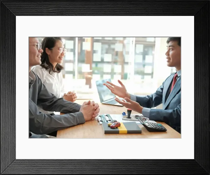 Framed Print : couple consulting lawyer about buying renting house car