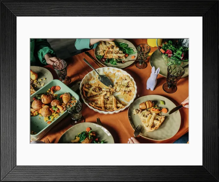 Framed Print : Various food kept on dining table at Easter dinner Framed Print : Various food kept on dining table at Easter dinner