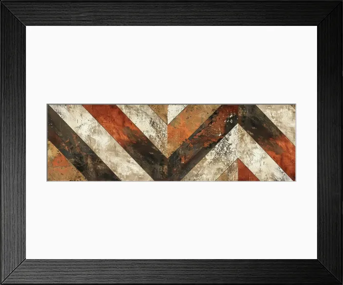 Framed Print : A close-up image of a rustic wood pattern featuring alternating chevron shapes in brown