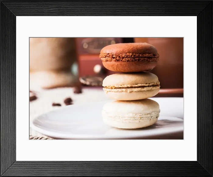 Framed Print : Three colors of macaroons in brown and beige tones Framed Print : Three colors of macaroons in brown and beige tones
