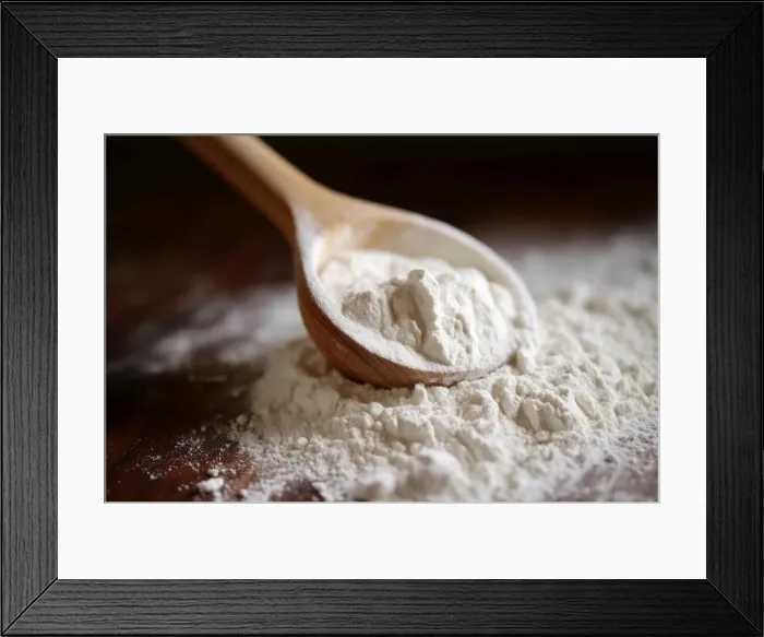 Framed Print : Macro photography of flour with a wooden spoon close-up Framed Print : Macro photography of flour with a wooden spoon close-up