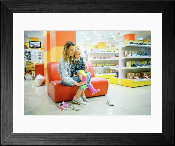 Framed Print : Mother and little daughter buying shoes in kid’s store Framed Print : Mother and little daughter buying shoes in kid’s store