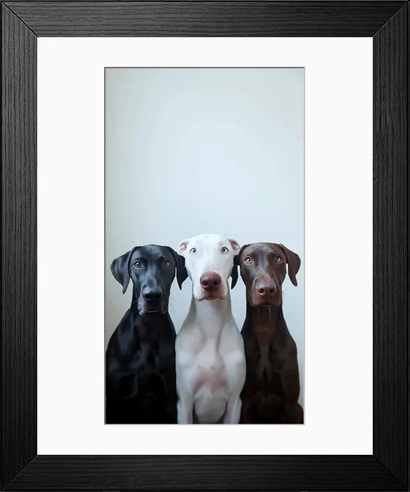 Framed Print : Three dogs, one black and one white and one brown