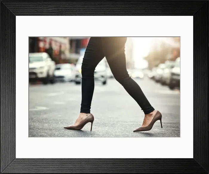 Framed Print : High heels, business and woman crossing the street closeup in a city on her commute to work Framed Print : High heels, business and woman crossing the street closeup in a city on her commute to work