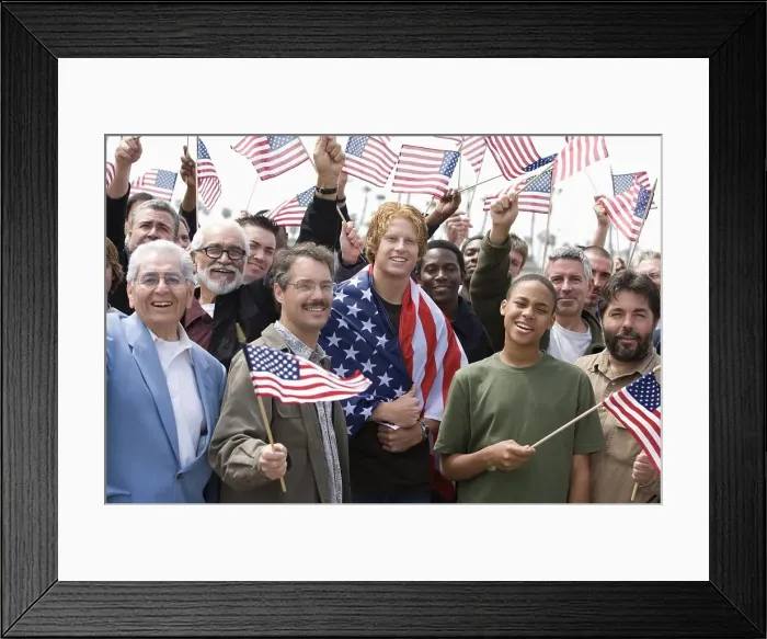 Framed Print : Crowd holding American flags