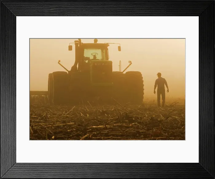 Framed Print : a farmer walks toward a tractor pulling cultivating equipment in a sunflower stubble field Framed Print : a farmer walks toward a tractor pulling cultivating equipment in a sunflower stubble field