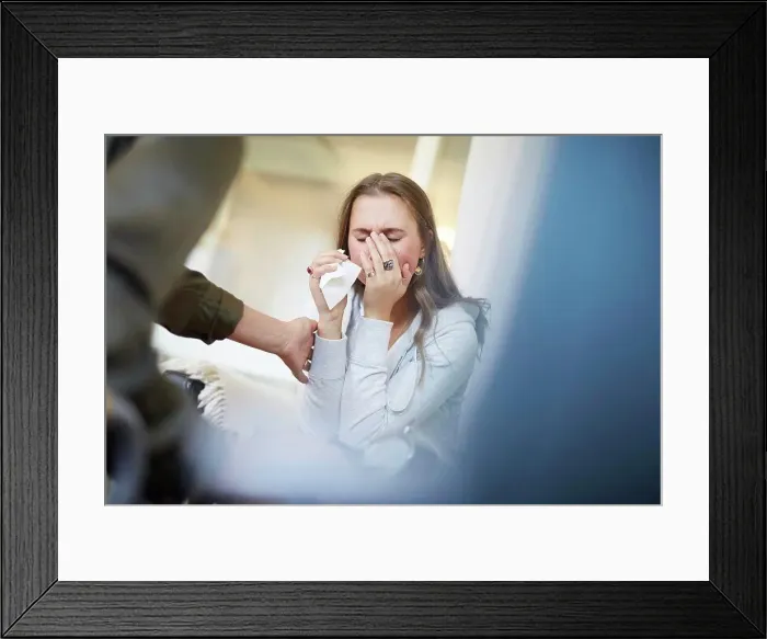 Framed Print : Female doctor consoling sad patient at therapy office Framed Print : Female doctor consoling sad patient at therapy office