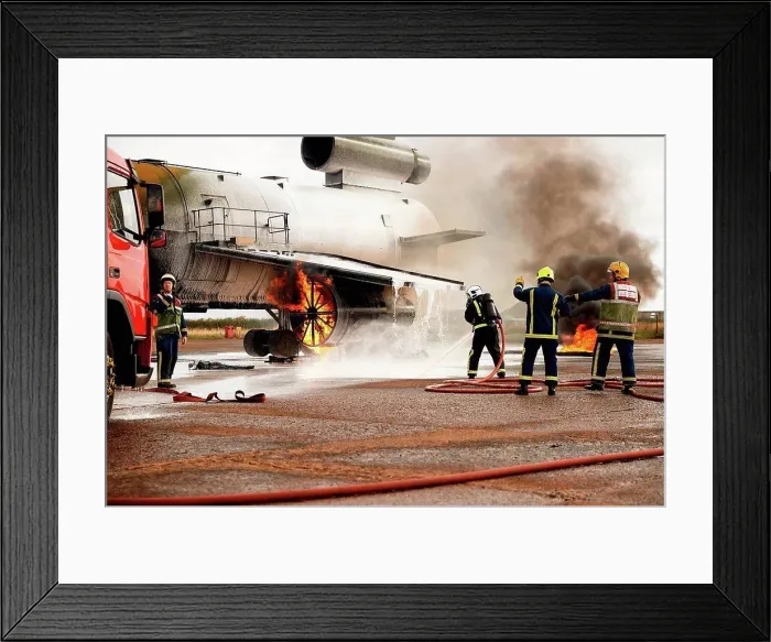 Framed Print : Firemen training, spraying water at mock airplane engine Framed Print : Firemen training, spraying water at mock airplane engine