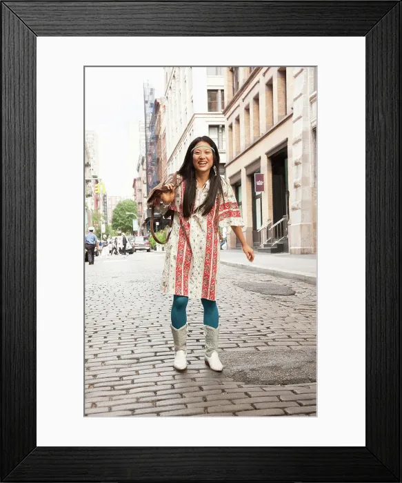 Framed Print : Japanese woman smiling on city street Framed Print : Japanese woman smiling on city street