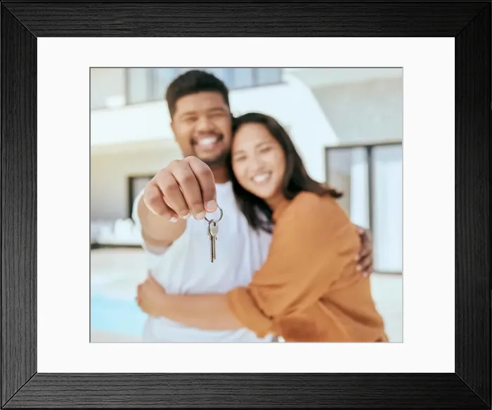 Framed Print : House keys, new home and couple real estate property for sale