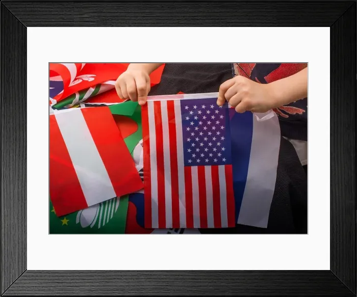 Framed Print : Child hand holding an American flag in hand