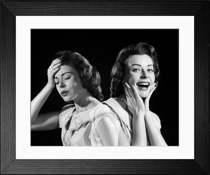 Framed Print : 1950S 1960S Woman Double Exposure One Side Has Hand To Head In Pain Other Has Hands To Face Smiling Feeling Better Framed Print : 1950S 1960S Woman Double Exposure One Side Has Hand To Head In Pain Other Has Hands To Face Smiling Feeling Better