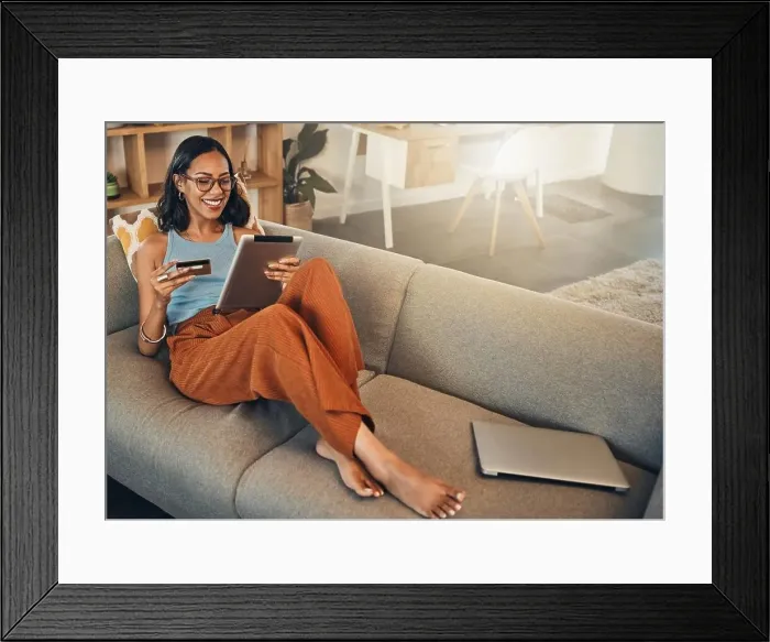 Framed Print : Ecommerce, credit card and woman on a sofa Framed Print : Ecommerce, credit card and woman on a sofa