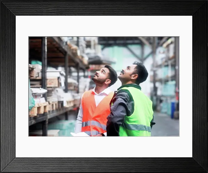 Framed Print : Engineers working in warehouse Framed Print : Engineers working in warehouse