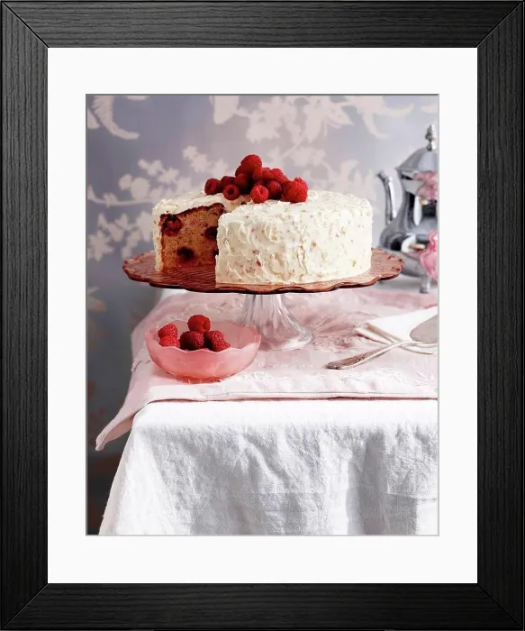 Framed Print : Raspberry hazelnut cake on traditional tea table