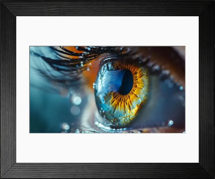 Framed Print : yellow and blue eye close up with drops on eyelashes, generative ai Framed Print : yellow and blue eye close up with drops on eyelashes, generative ai