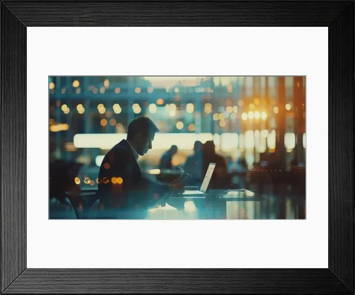 Framed Print : Modern Business Person Multitasking with Laptop and Smartphone in Contemporary Office Environment