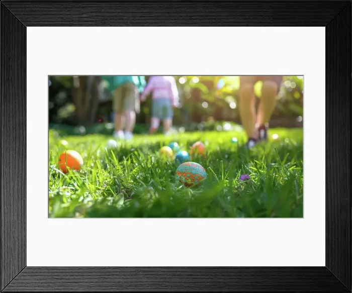 Framed Print : A close-up view of colorful Easter eggs hidden in the grass on a sunny day