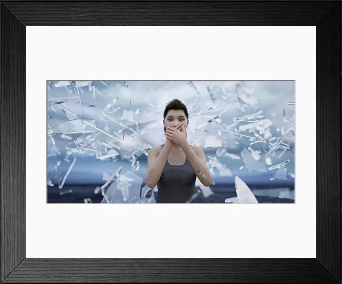 Framed Print : Shards of glass surrounding woman covering mouth with hands Framed Print : Shards of glass surrounding woman covering mouth with hands